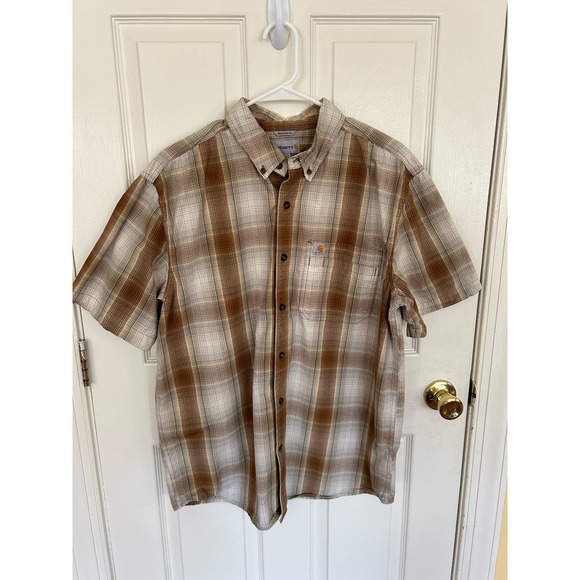 Carhartt Mens Brown Plaid LongSleeve Relaxed Fit Button Down Shirt Size Large e1 - Picture 1 of 3